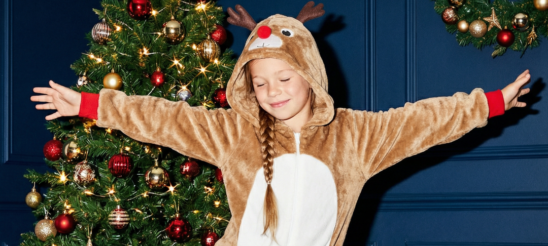 Smiling girl in a hooded reindeer onesie spreads her arms in front of a decorated Christmas tree