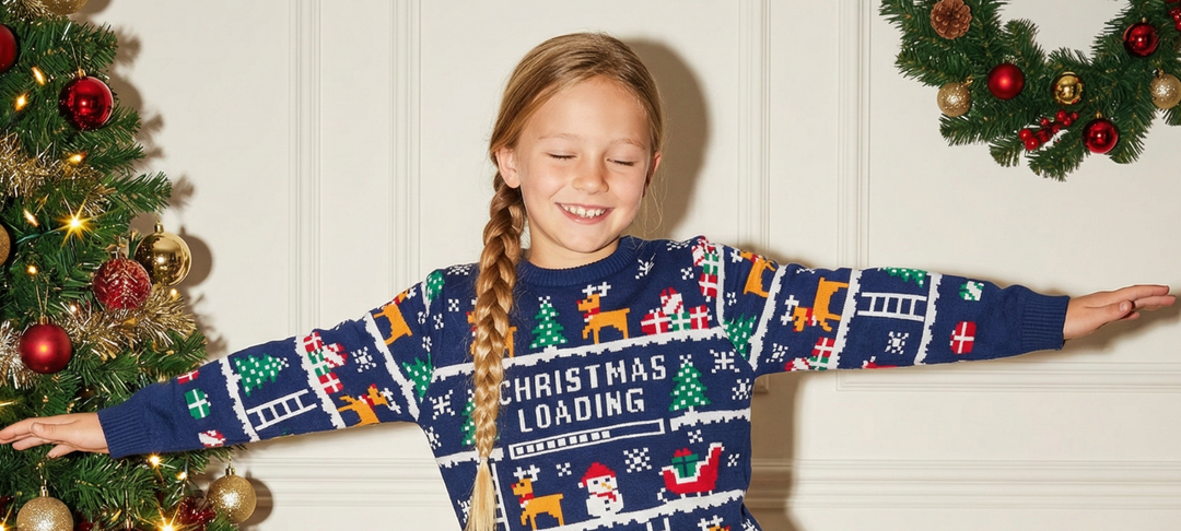 Smiling girl with a braid wears a navy Christmas Loading knitted jumper between a decorated tree and wreath