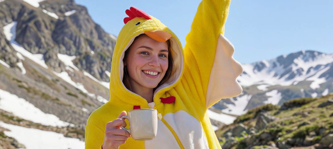 Smiling woman in a yellow chicken costume holding a mug in snowy mountains, sharing Easter cheer