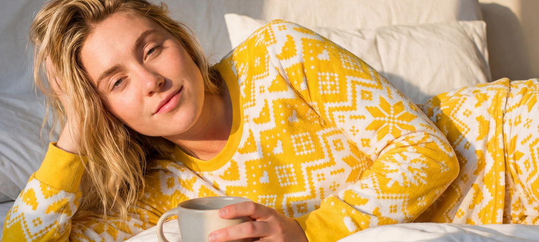 Blonde woman in yellow Fair Isle pajamas relaxing in bed and holding a mug of coffee in morning sunlight