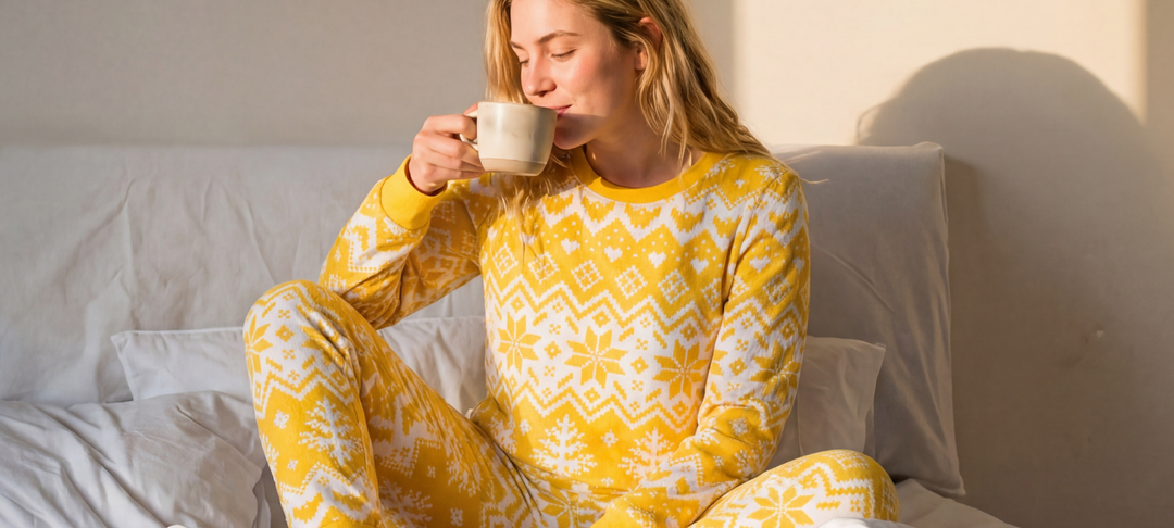 Woman in yellow patterned pajamas sipping from a mug while sitting in bed in morning light