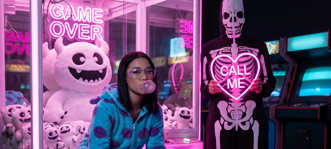 Woman blowing bubblegum beside person in skeleton costume holding a neon Call Me heart in a pink-lit arcade