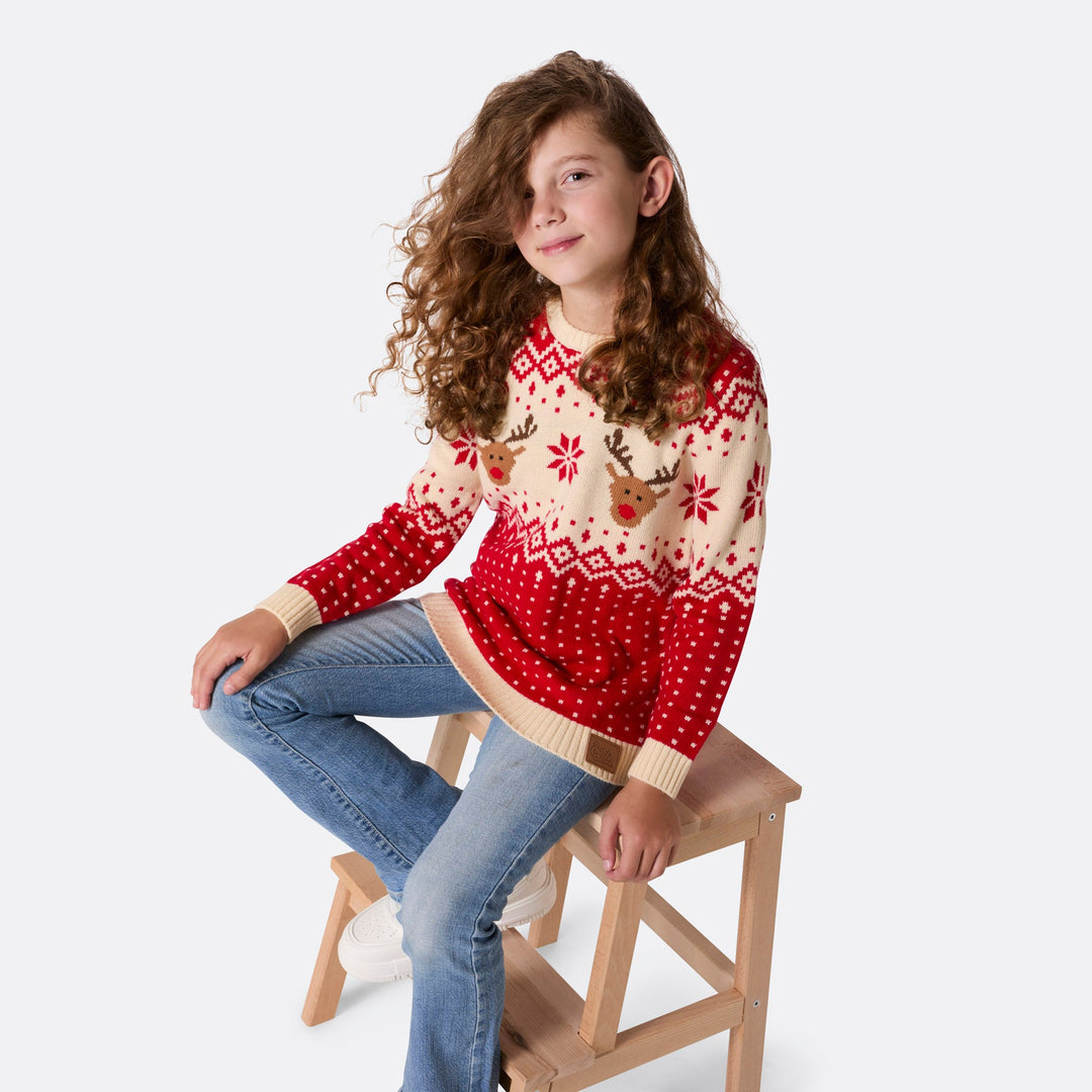 Kids' Retro Reindeer Red Christmas Jumper