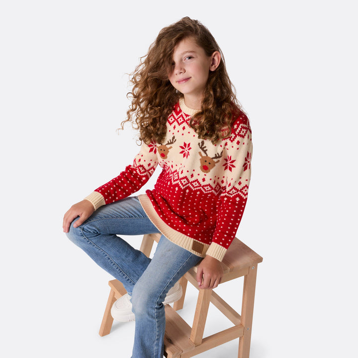 Kids' Retro Reindeer Red Christmas Jumper