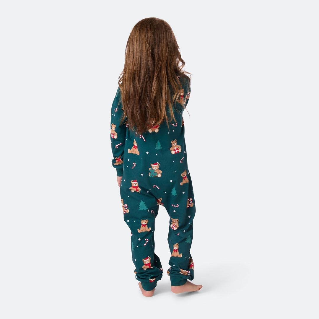Kids' Green Teddy Bear Overall Christmas Pyjamas