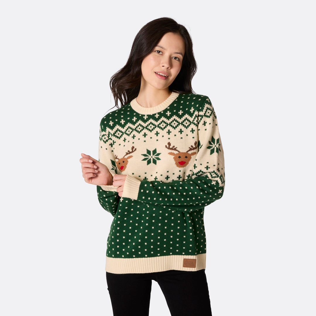 Women's Retro Reindeer Green Christmas Jumper