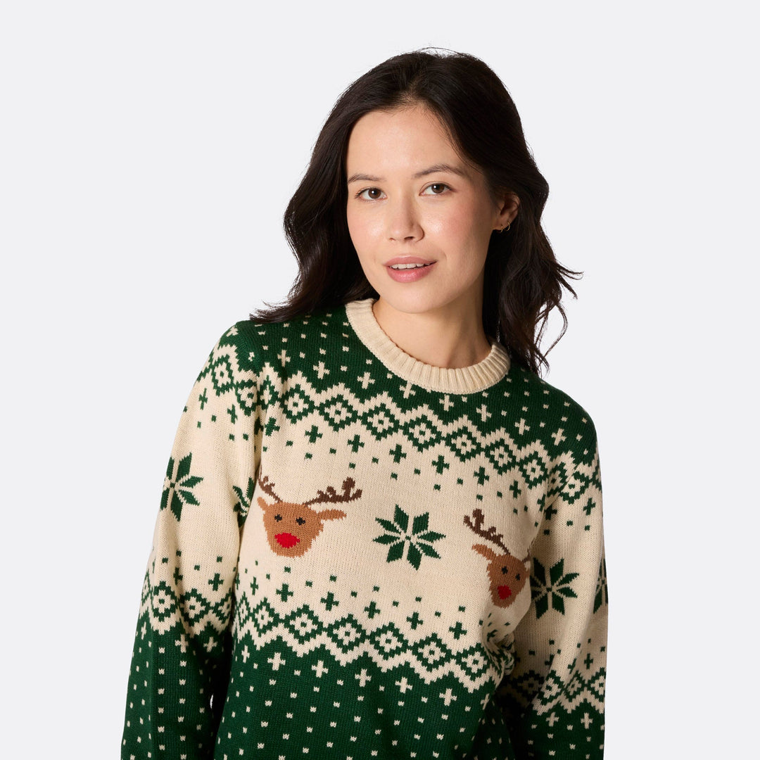 Women's Retro Reindeer Green Christmas Jumper