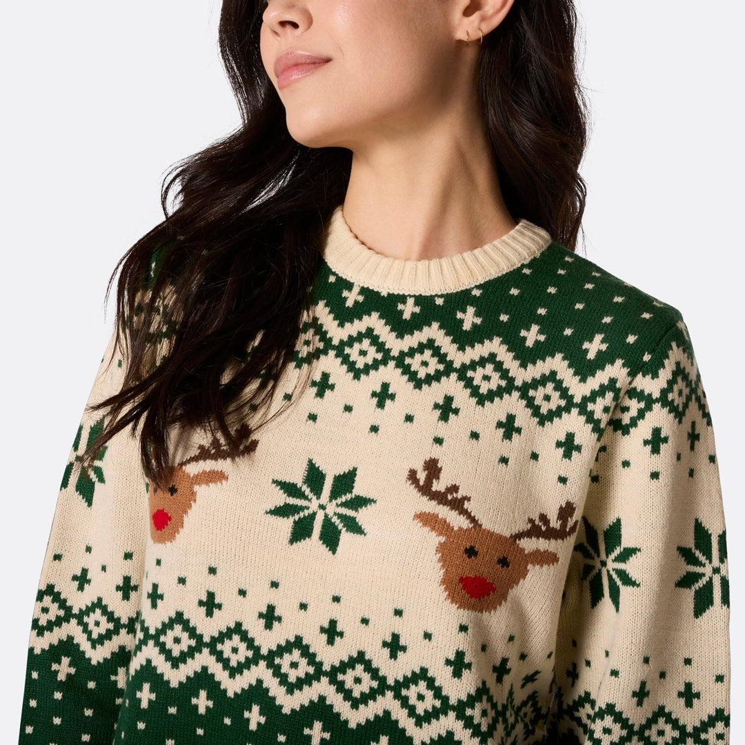 Women's Retro Reindeer Green Christmas Jumper