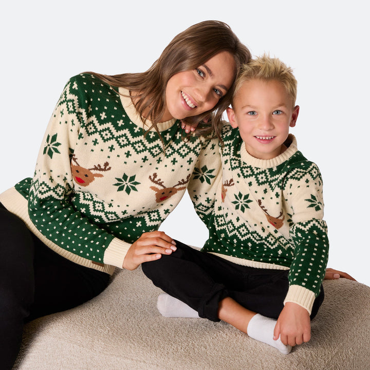 Kids' Retro Reindeer Green Christmas Jumper