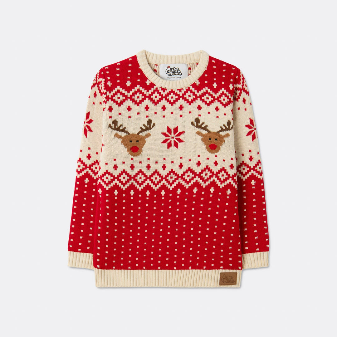 Kids' Retro Reindeer Red Christmas Jumper