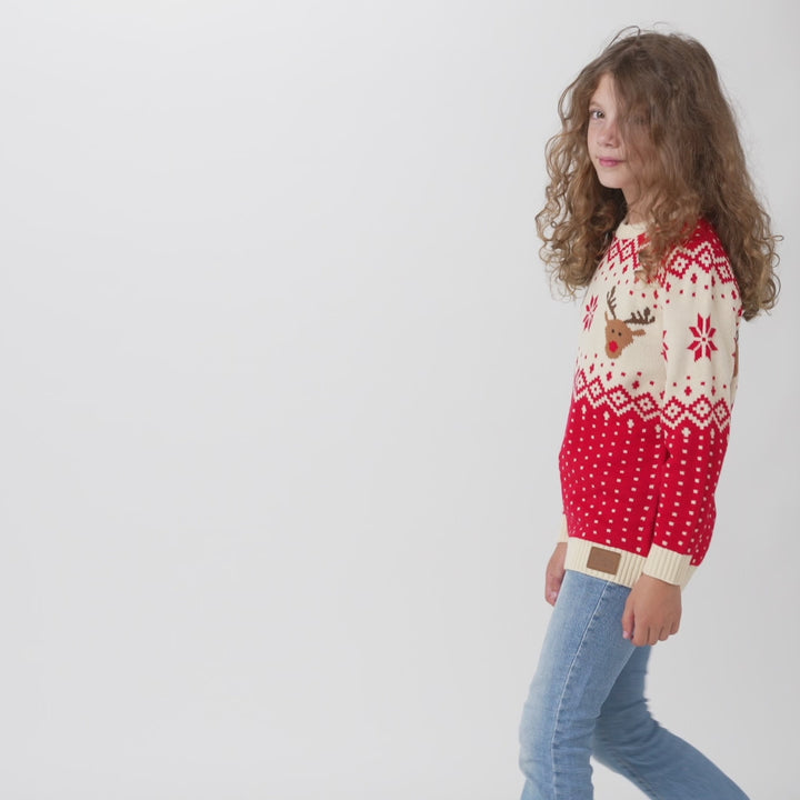 Kids' Retro Reindeer Red Christmas Jumper