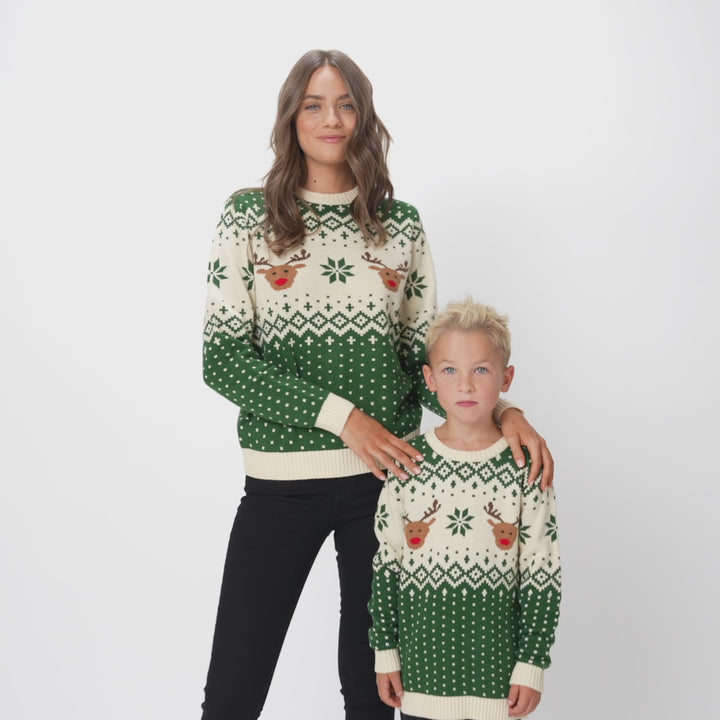 Kids' Retro Reindeer Green Christmas Jumper